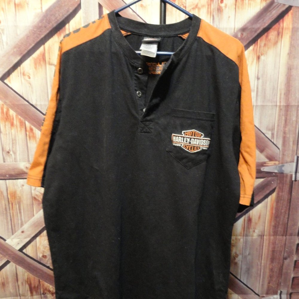 Harley Davidson Embroidered Pocket Henley~spell out shoulder~Laconia NH~…